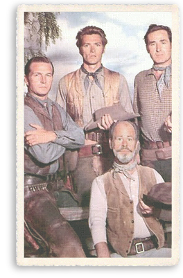 The cast of 1950s classic Western TV series Rawhide. Left to right: Eric Fleming, Clint Eastwood, Paul Brinegar, and Sheb Wooley.